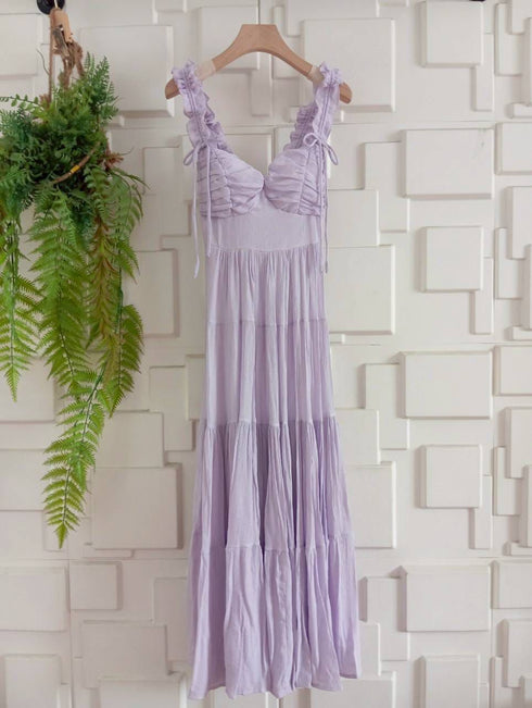 Ruched Up Straps Deep Neck Padded Maxi Dress